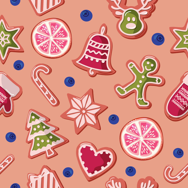 Christmas seamless background. Colorful Gingerbread cookies and fruits. Traditional pattern for wrapping paper, banners, pajamas. Vector - Wektor, obraz