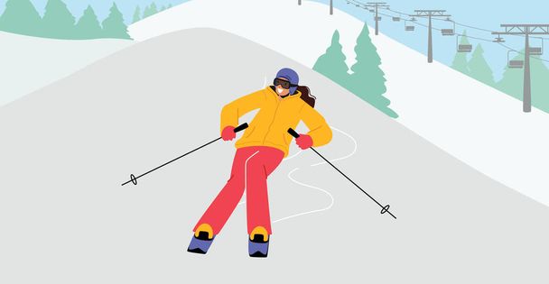 Esquí Slalom Deportes de invierno. Mujer joven con traje deportivo y casco que va cuesta abajo por esquís en el fondo de la naturaleza - Vector, imagen