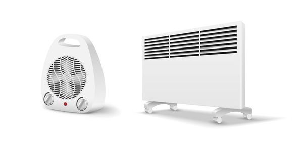 Комплект электронагревателей: тепловентилятор и масляные радиаторы для отопления в помещениях в холодное время года - Вектор,изображение
