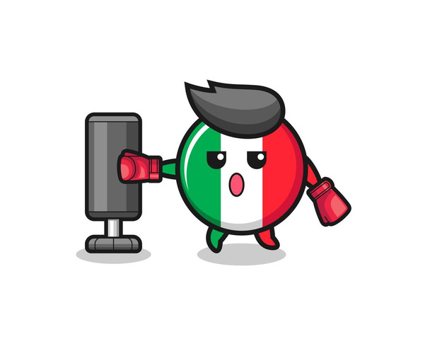 italy flag boxer cartoon doing training with punching bag , cute design - Vector, Image