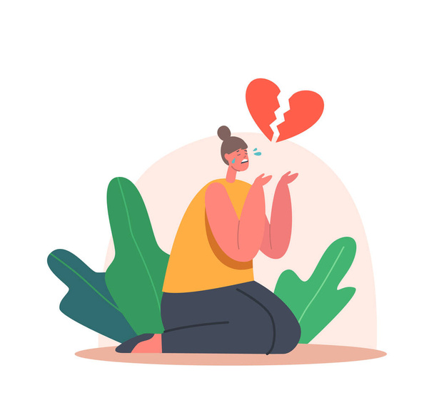 Depresyjna nastolatka ze złamanym sercem siedząca na podłodze z kawałkami czerwonego złamanego serca i płacząca. Koniec miłości i stosunków - Wektor, obraz