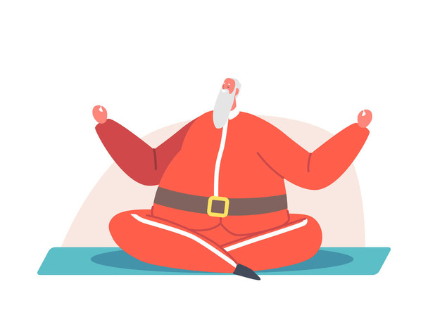 Дед Мороз Медитирует, Рождественский персонаж сидит на коврике в позе йоги Лотоса. Посредничество в отпуске, здоровая расслабленная поза - Вектор,изображение