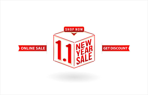 1.1 sale, 1.1 online sale, New Year Sale, gift box with sale cube model number sign red ribbon with isolated background, online shop sign, for poster, flyer, social media banner, label promotion store - Vector, Image
