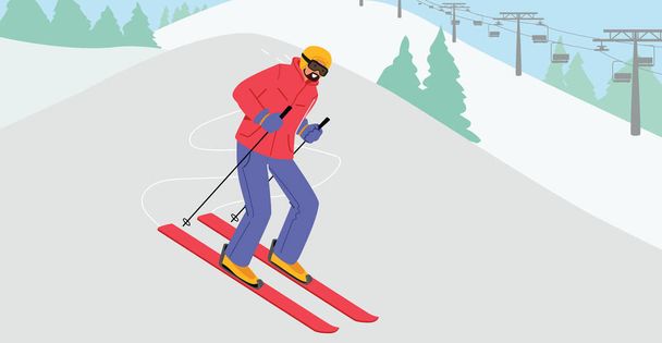 Skier Riding Downhills en temporada de invierno. Hombre atleta en ropa abrigada, casco y gafas de sol Esquí. Actividad deportiva - Vector, imagen