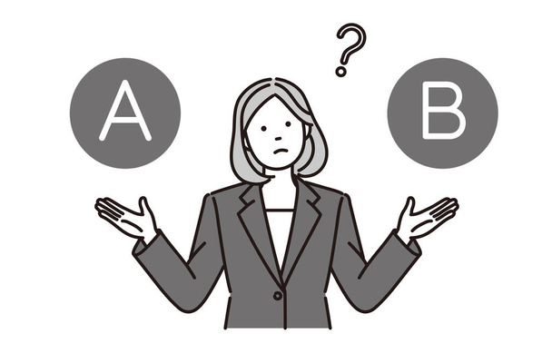 black and white illustration of a businesswoman thinking by showing two options - Vector, Image