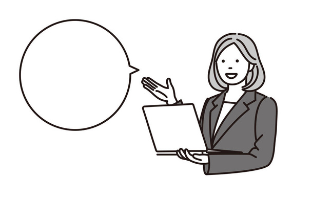 ilustração em preto e branco de uma mulher de negócios dando uma explicação enquanto olha para um laptop. - Vetor, Imagem