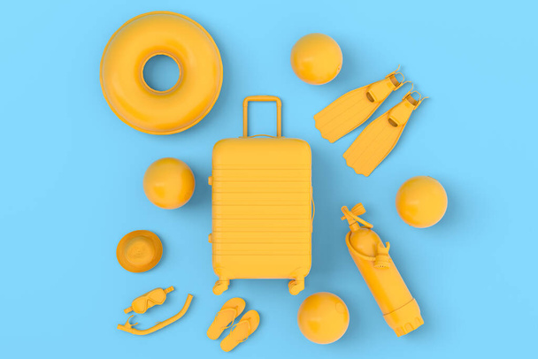 Colorful suitcase or baggage with beach accessories on monochrome blue background. 3D render of summer vacation concept and holidays - Photo, Image