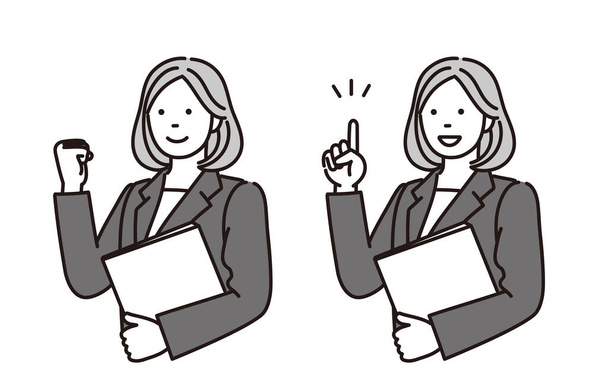 black and white illustration of a businesswoman holding a document under his arm, explaining something or triumphant pose. - Vector, Image
