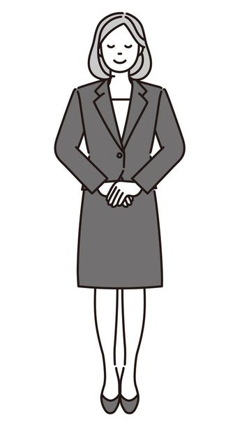 black and white full-body illustration of a businesswoman standing politely with his hands folded. - Vector, Image