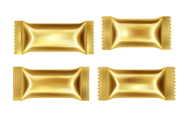 Flow paquet de papier d'or pour barre de chocolat. Modèle d'emballage de collation pour cookies, biscuits, gaufrettes - Vecteur, image