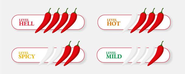 Würzig scharfe Chili-Icons mit Flamme und Bewertung von würzig Mild, mittel scharf und extra scharf Peperoni-Sauce oder Snack-Essen Chili-Pfeffer oder Chili Habanero und Jalapeño-Niveau Chili-Zeichen - Vektor, Bild