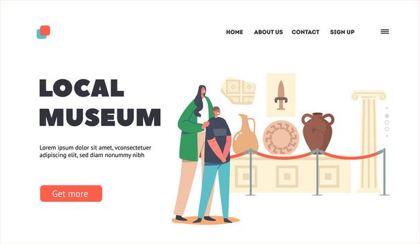 Local Museum Landing Page Template. Family Characters Mother and Son Tourists Visiting Ancient History Exhibition - Vector, Image