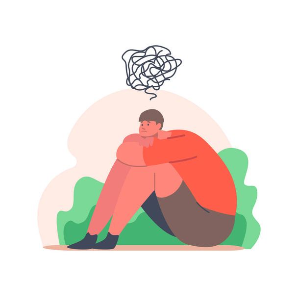 Tinédzser depresszió, problémák, depressziós boldogtalan fiú ül a padlón összekuszált gondolatokkal a fejében. Gyerek karakter segítségre van szüksége - Vektor, kép