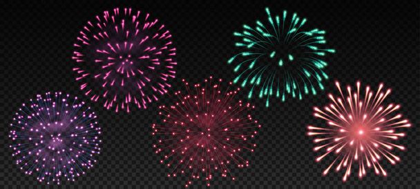 Bright realistic fireworks on transparent background. Festive celebration salute and flashes in sky - Vector, Image