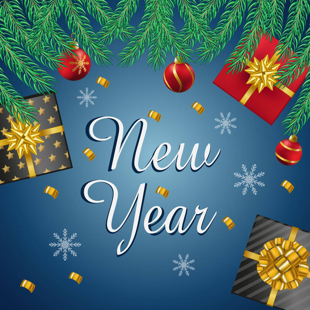 クリスマスと新年のウェブの背景。本物のモミの緑豊かな木松。ギフトボックス、ガラスボールや他の休日の要素。ポストカード、バナー、ポスター、ソーシャルネットワーク用のテンプレート-ベクトルイラスト - ベクター画像