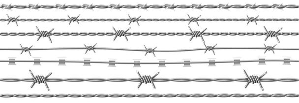Juego de alambre de acero, alambre con púas. Cadena de metal sin costura realista para valla de prisión, línea de seguridad - Vector, imagen