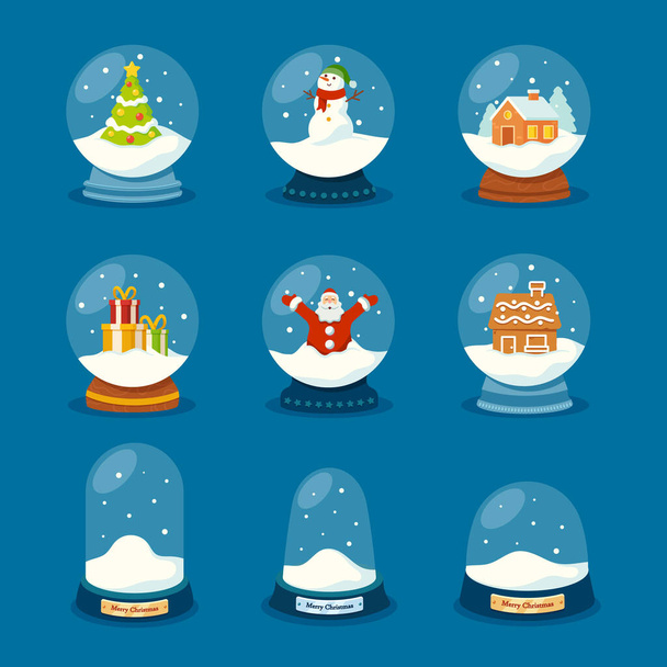 ガラスの雪の球のセット、クリスマスのお土産、冬の雪玉、魔法のクリスマスクリスタルオーブ空のドーム、雪だるま、サンタ - ベクター画像