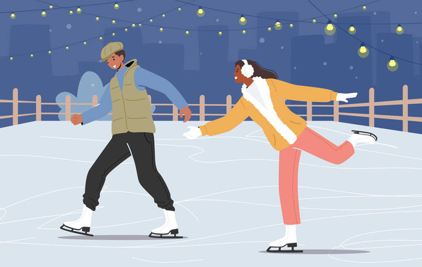 Ευτυχισμένο ζευγάρι εφήβων πατινάζ στο Night City Ice Rinks, Υπαίθριες Δραστηριότητες στο Winter Park. Οικογενειακές διακοπές Χριστουγέννων - Διάνυσμα, εικόνα