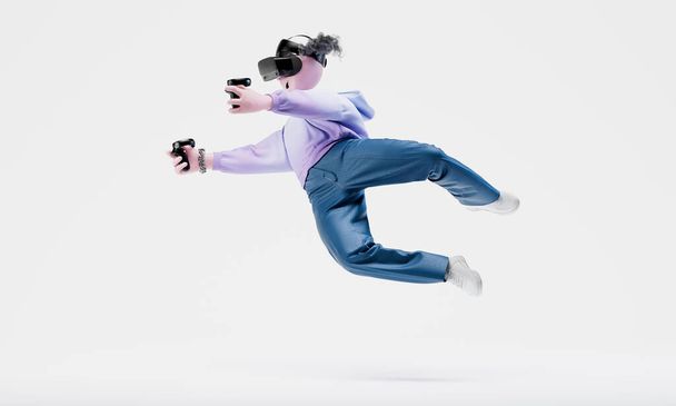 Úžasný Travor padá do vzduchu s ručními ovladači, jako jsou děla a VR helma. Online střelec koncept. Vysoce detailní módní stylový abstraktní charakter. Levý pohled. 3D vykreslování.  - Fotografie, Obrázek