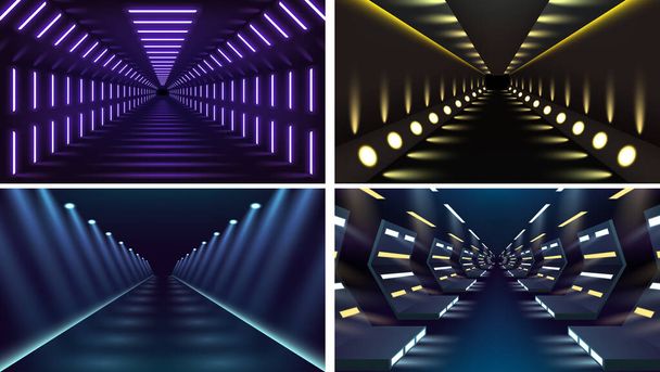 Ilusão óptica de túnel sem fim, corredor, teletransporte fugitivo iluminando luz de néon fluorescente - Vetor, Imagem