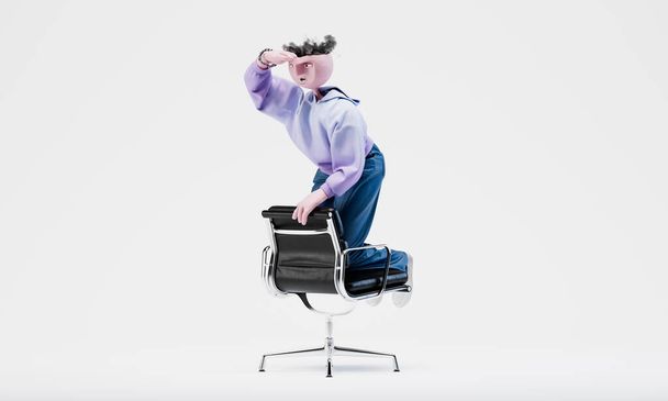 Awesome Travor kneels on a chair and looks into the distance. The concept of finding new ideas. Highly detailed fashionable stylish abstract character. Left view. 3d rendering.  - Fotoğraf, Görsel
