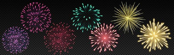 現実的な明るいお祝いの花火、大きな輝く敬礼と透明な背景に点滅 - ベクター画像