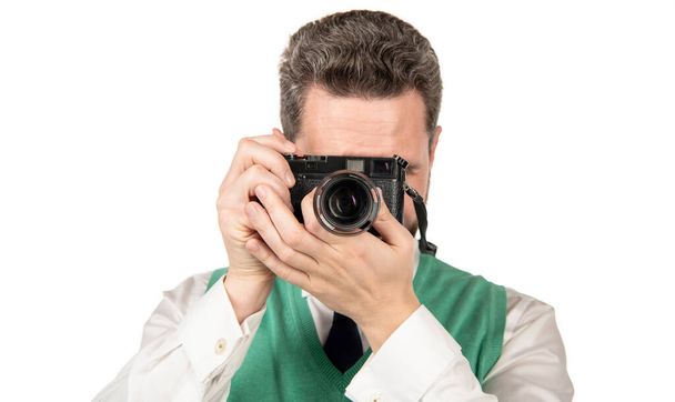 fotógrafo con cámara profesional aislado en blanco, sesión de fotos - Foto, Imagen
