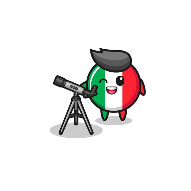 włoska flaga maskotka astronoma z nowoczesnym teleskopem, ładny design - Wektor, obraz