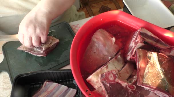 el chef corta carne de ciervo con un cuchillo  - Imágenes, Vídeo