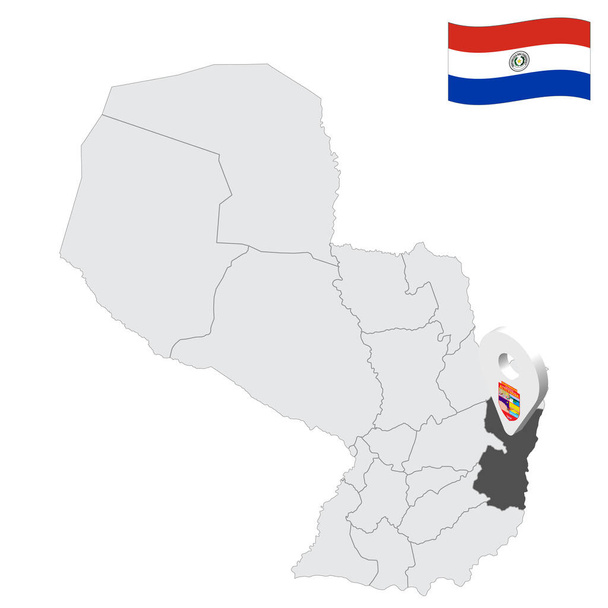 Ubicación Alto Parana departamento en el mapa Paraguay. 3d signo de ubicación similar a la bandera de Alto Paraná. Mapa de calidad con provincias República del Paraguay para su diseño. EPS10 - Vector, Imagen