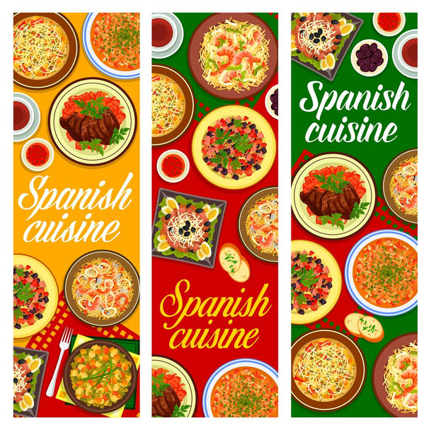 Spanish cuisine food vector banners with dishes of seafood, meat, vegetables and fish. Rice and pasta paella, tuna olive and potato bean salads, extremadura steak, veggie ham stew, bean sausage soup - Vector, Image