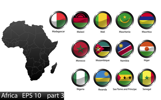 hoge gedetailleerde nationale vlaggen van Afrikaanse landen, afgekapt ronde vorm glanzende metalen knoppen, vector, deel 3 - Vector, afbeelding