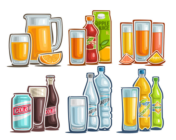 Vektorové nápoje Set, hodně sbírka vystřižených ilustrací pomerančový džus, přírodní nápoj v kartonovém balení, zátiší s plátky ovoce, kreslený design cola set a pitná voda na bílém pozadí. - Vektor, obrázek