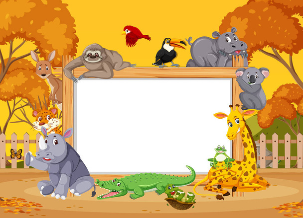 Empty wooden frame with various wild animals in the forest illustration - Vektör, Görsel