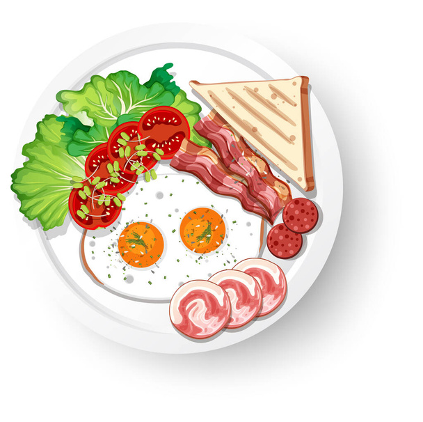 Gezond ontbijt met ei en vlees en brood illustratie - Vector, afbeelding