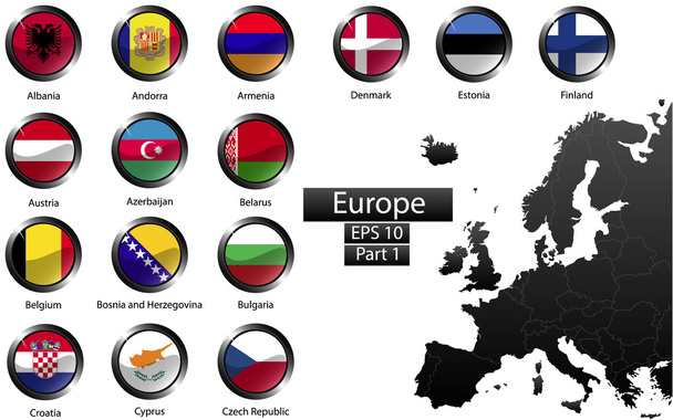 Bandeiras nacionais detalhadas de países europeus, cortadas em forma redonda botões de metal brilhante, vetor, parte 1
 - Vetor, Imagem