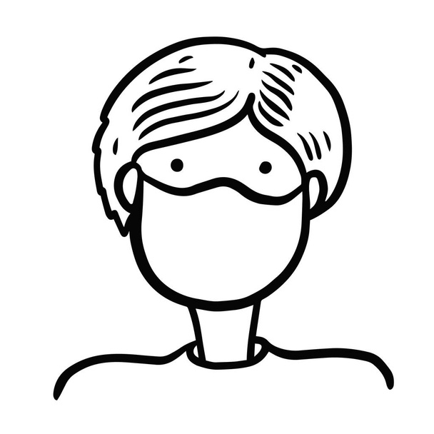 Man with protection mask. Hand drawn black color cartoon vector illustration. - Vector, Image