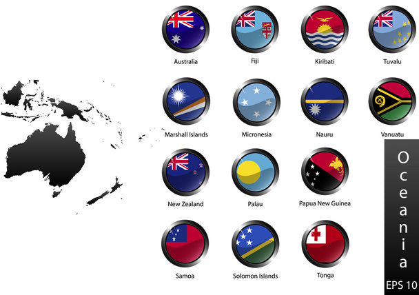 Banderas nacionales detalladas de Australia y Oceanía países, recortadas en forma redonda botones de metal brillante, vector
 - Vector, imagen