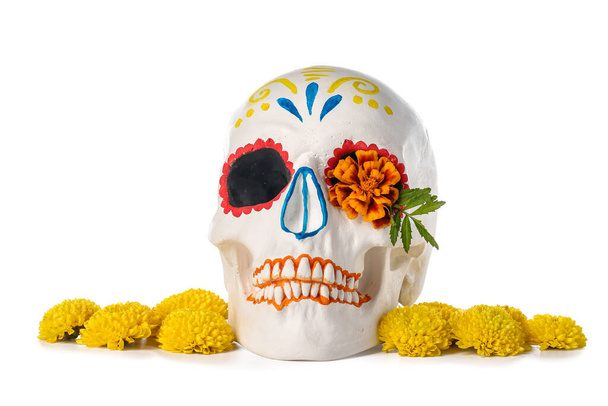 Раскрашенный человеческий череп ко Дню мертвых в Мексике (El Dia de Muertos) с цветами на белом фоне - Фото, изображение