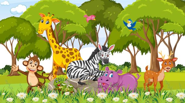 Forest scene with wild animals group illustration - Вектор,изображение