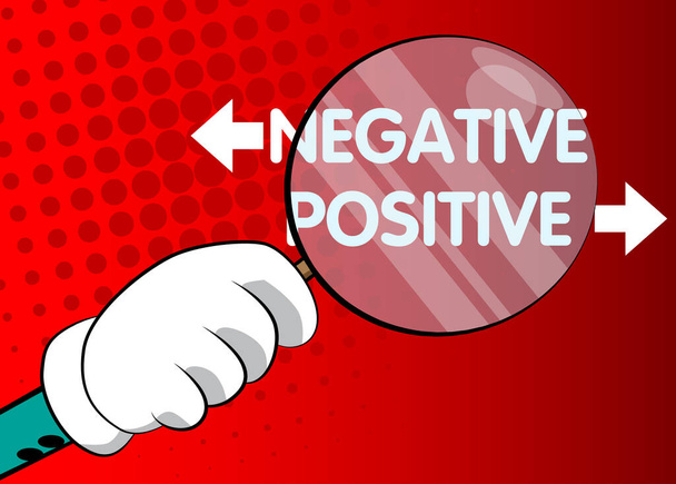 Negativer, positiver Text unter der Lupe auf rotem Hintergrund. Gute schlechte Gedanken, Einstellung Geschäftskonzept. - Vektor, Bild