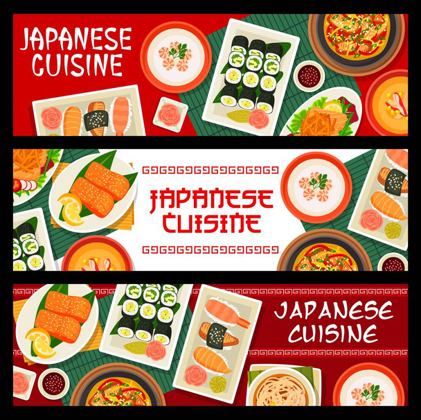 Japonská kuchyně vektor grilovaný losos s teriyaki omáčkou, okurkové avokádové sushi závitky a nudlové vepřové. Lososí zeleninový salát saké teriyaki, úhoř dušené nabe nebo krevety nigiri sushi japonská jídla - Vektor, obrázek