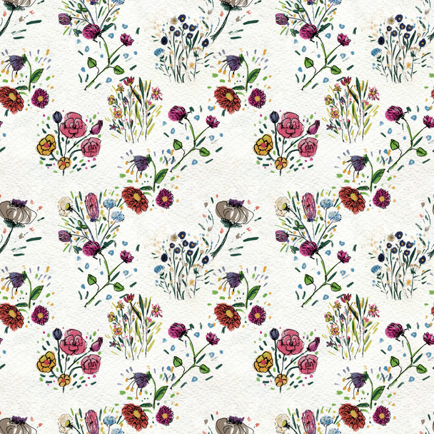 Seamless pattern with wildflowers on watercolor paper background. - Photo, image