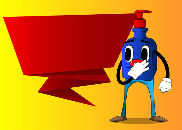 Karikatur Flasche Händedesinfektionsgel für Hygiene mit Gesicht hält seine Nase wegen eines schlechten Geruchs. - Vektor, Bild