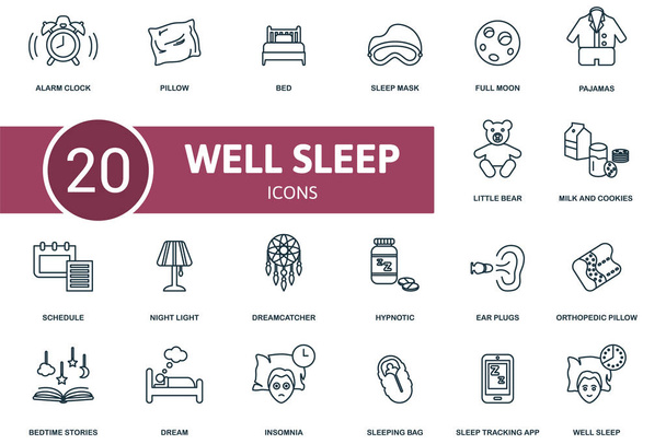 Nos, alvó ikon beállítva. Egyszerű elemek gyűjteménye, mint az ébresztőóra, párna, ágy, tej és cookie-k, menetrend, álomfogó, alvásmaszk. - Vektor, kép