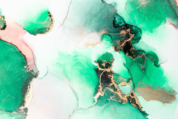 Green gold abstract background of marble liquid ink art painting on paper . - Foto, afbeelding