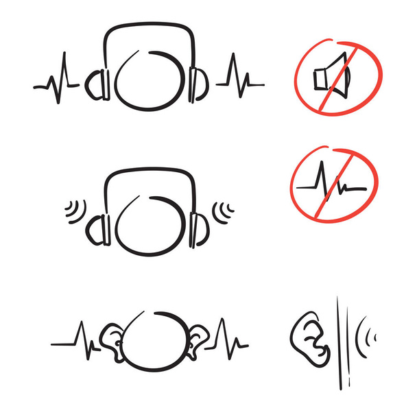 oreille gribouillée dessinée à la main et casque avec illustration de bloc d'onde sonore vecteur icône isolée - Vecteur, image