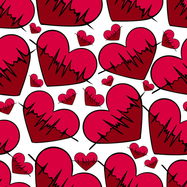 Heart with pulse. Seamless vector pattern. An endlessly repeating ornament. Symbols on an isolated colorless background. Cartoon style. Cardiology. Health topic. Idea for packaging, covers, textiles, wallpaper, web design. - Wektor, obraz