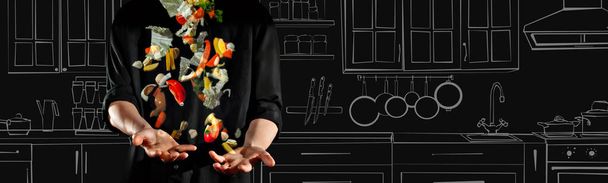 Vegetables on the background of a blurred kitchen. The photo is combined with the illustration. Chef on the background of interior of the kitchen. Man in a black shirt on a dark background. - Фото, изображение