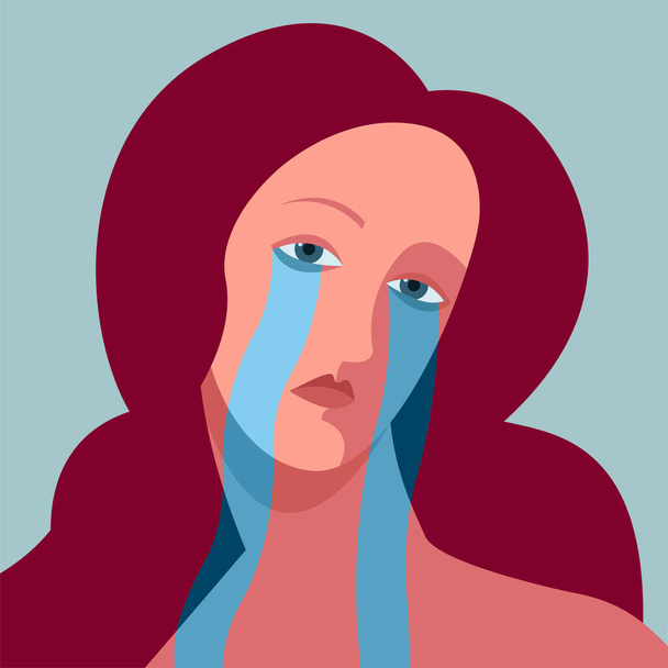 image vectorielle plate sur le thème de la santé mentale et de la violence domestique. belle femme avec des larmes coulant de ses yeux isolé sur fond bleu violence contre les femmes abus, harcèlement. - Vecteur, image